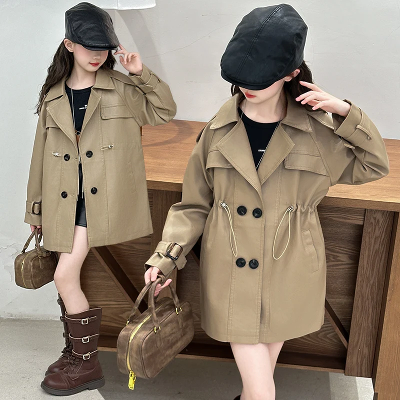 

autumn design Khaki teen girls Double breasted PU windbreaker junior kids trench Coat Motorcycle Leather Jacket Child Clothes