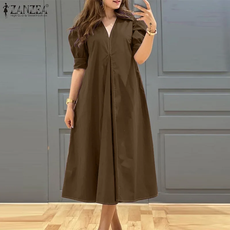 ZANZEA Plus Size 5XL Womens Casual Midi Dresses V-Neck Short Puff Sleeve A-Line Long Dress Spring Vacation Oversized Robes Femme