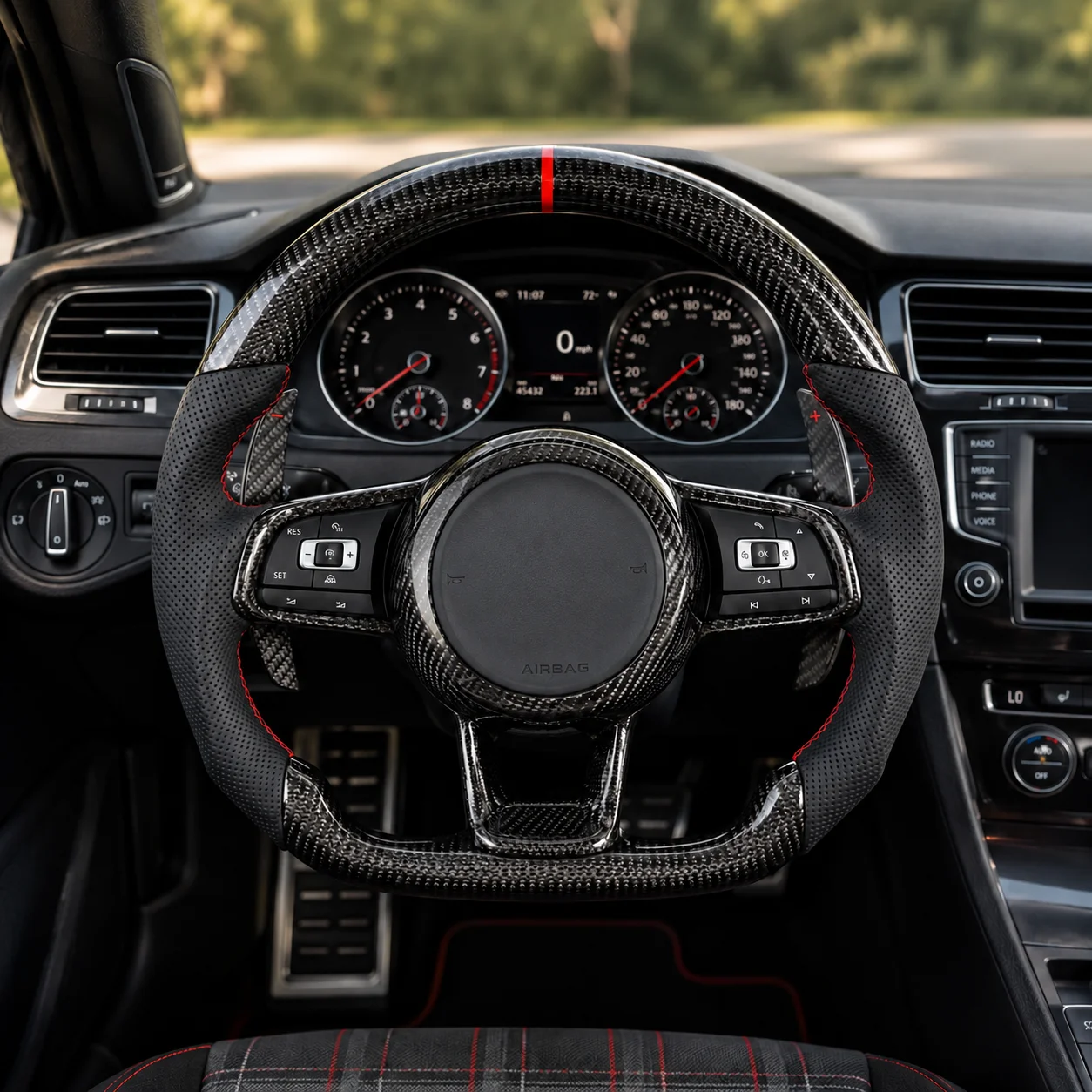 Custom Carbon Fiber Steering Wheel for VW Golf 6 7 7.5 GTI R R-Line CC Polo Passat B8 Flat Bottom Red Stitch