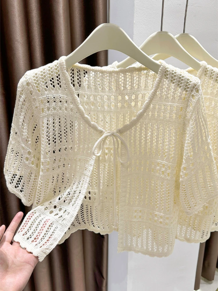 Summer Cardigan Women Solid Fashion Hollow Out Simple Lace-up All-match Holiday Casual Korean Style Ins Trendy Femme Knitwear