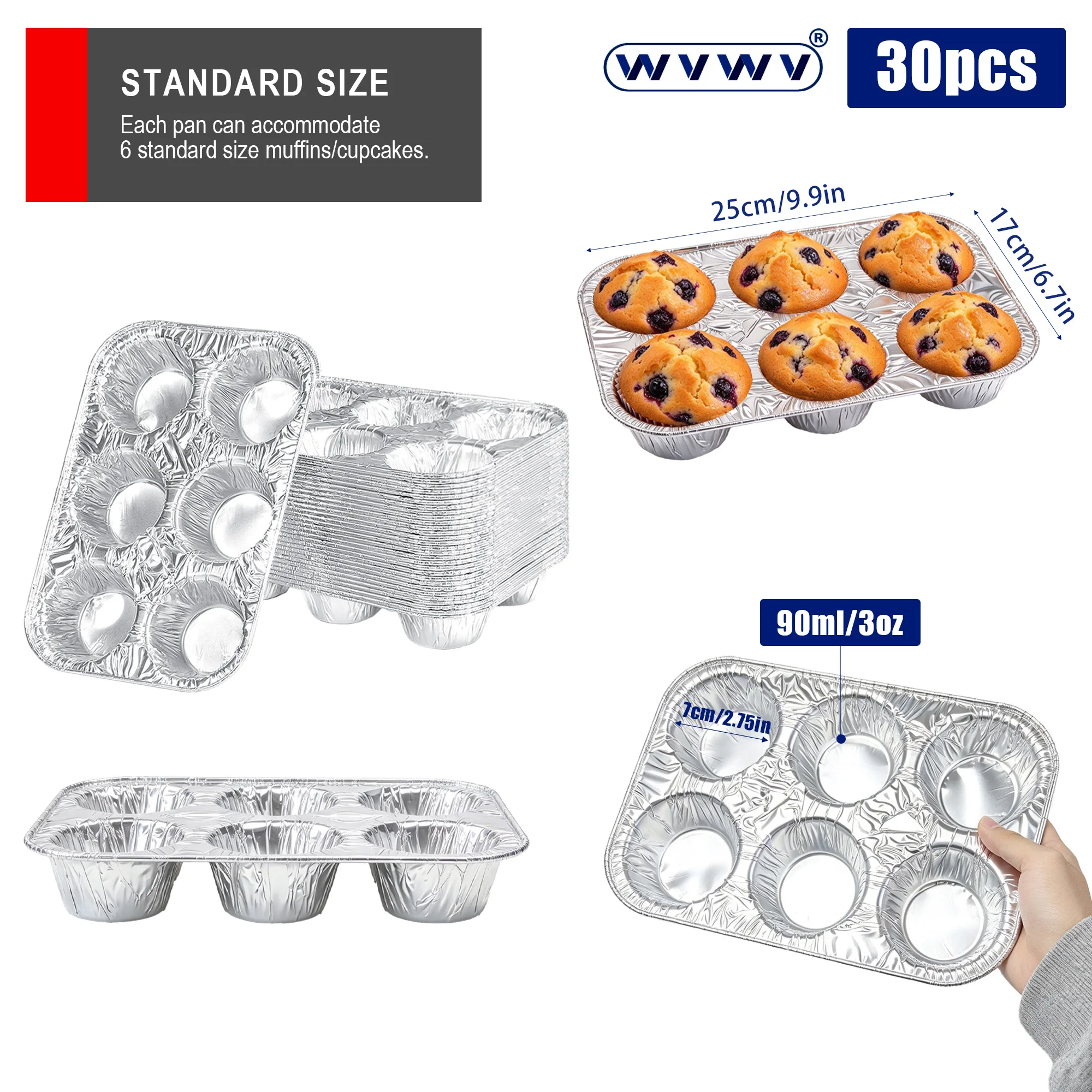30Pcs 6-Cup Disposable Aluminum Foil Cake Baking Pans, Made of Food-Grade Aluminum Foil, Can Be Directly Put into the Oven, and Can Be Thrown Away after Use, No Need for Cleaning Suitable for Making Party Desserts for Home Baking, Birthday Parties, Christmas, Thanksgiving, and Other Occasions.