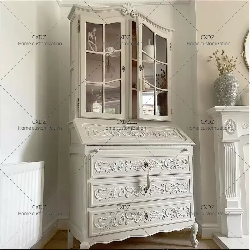 White Retro Solid Wood Double Door Wine Cabinet with Drawers Simple Light Luxury Sideboard for Dining Room Storage Furniture