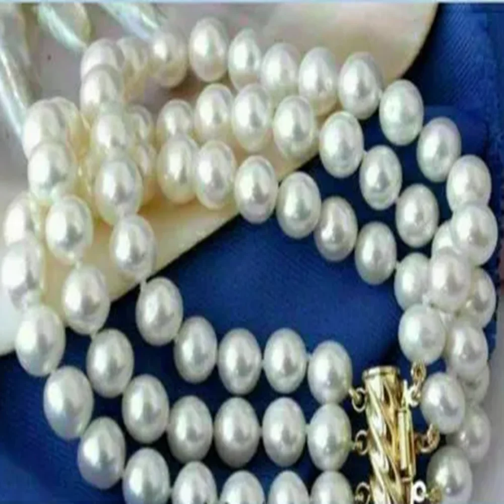 Three row pearl bracelet AAA 9-10mm South Sea white round pearl bracelet 7.5-8 inch 14K gold buckle