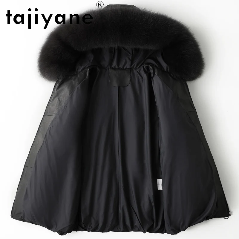 TAJIYANE 100% أعلى الحبوب جلد الغنم أوزة أسفل معطف أسود جلد حقيقي سترة منفوخة النساء مع الثعلب الفراء طوق 2025 الملابس الشتوية