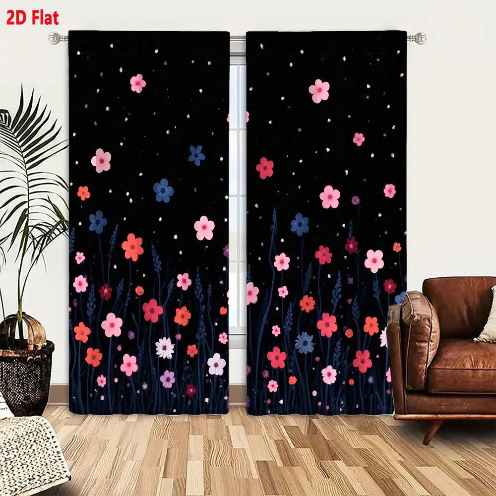 2Pcs Curtains 2D Flat Whimsical Night Sky With Dark Blue Grass Stalks And Colorful Wildflowers On Black Background Window Drapes