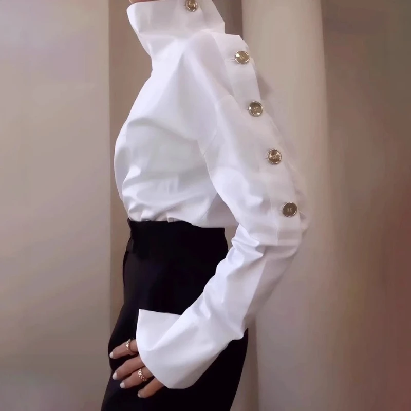 

Fashion Elegant Women's Pullover Shirt Casual Office Turtleneck Metal Button Slim Body Top 2026 Spring Autumn New Style