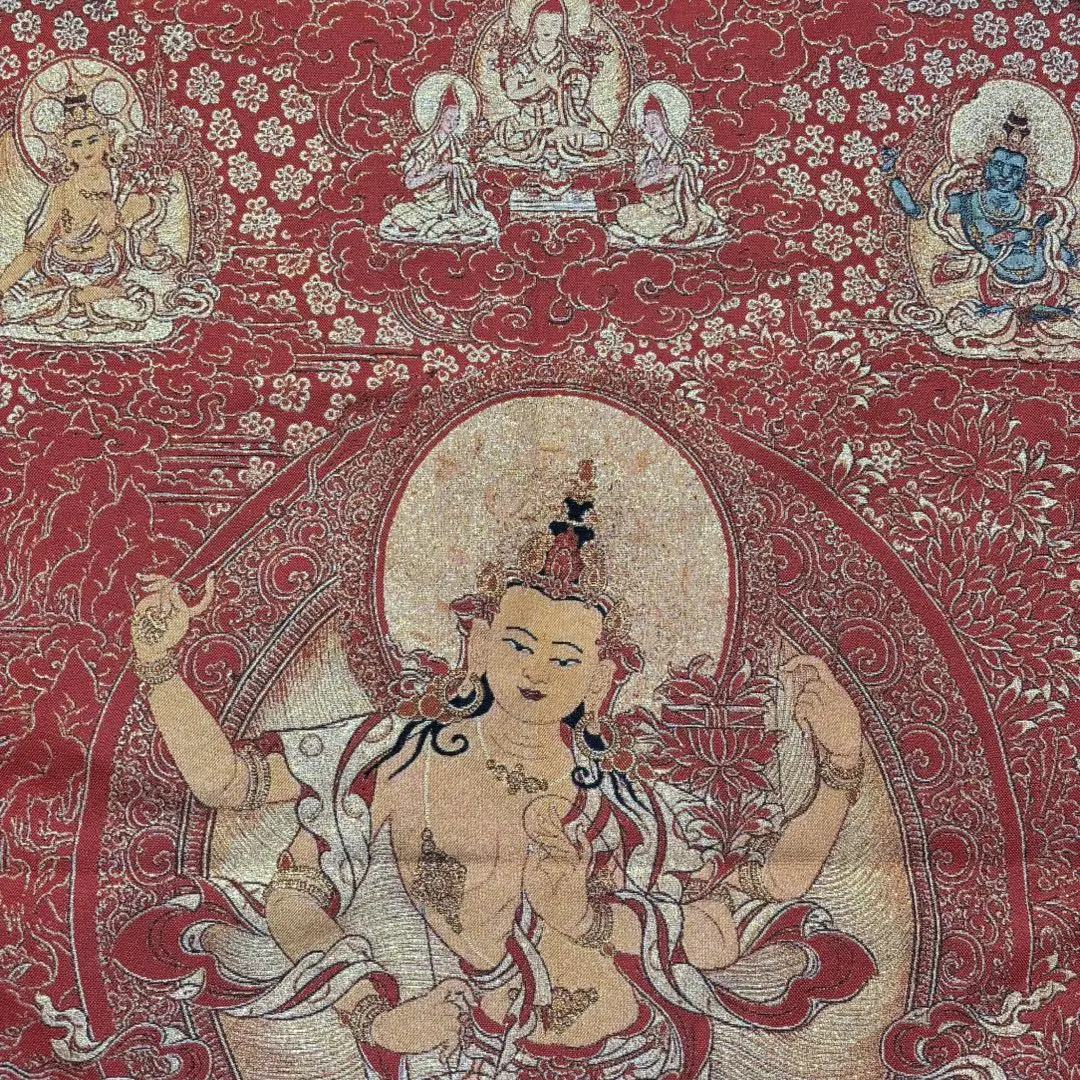 35' Thangka Embroidery Tibetan Buddhism Silk Brocade Manjusri Bodhisattva Sitting Buddha Thangka Hanging Screen Worship Hall