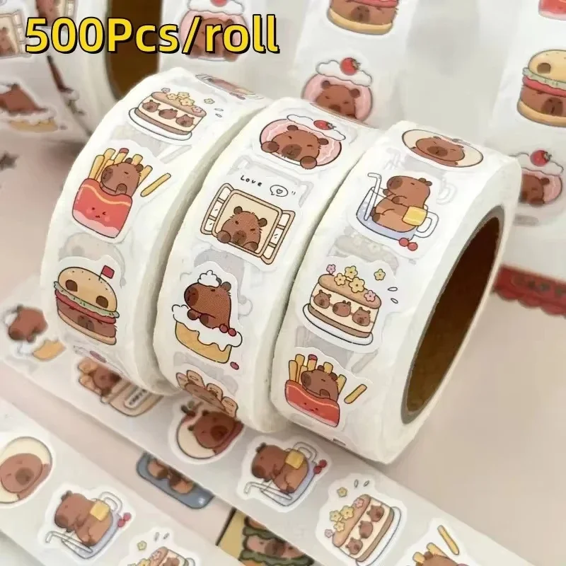 500Pcs Waterproof PVC Self‑Adhesive Decals Capybara Stickers Roll Cute Animal & Food‑Themed Perfect for Laptops Scrapbook Phones
