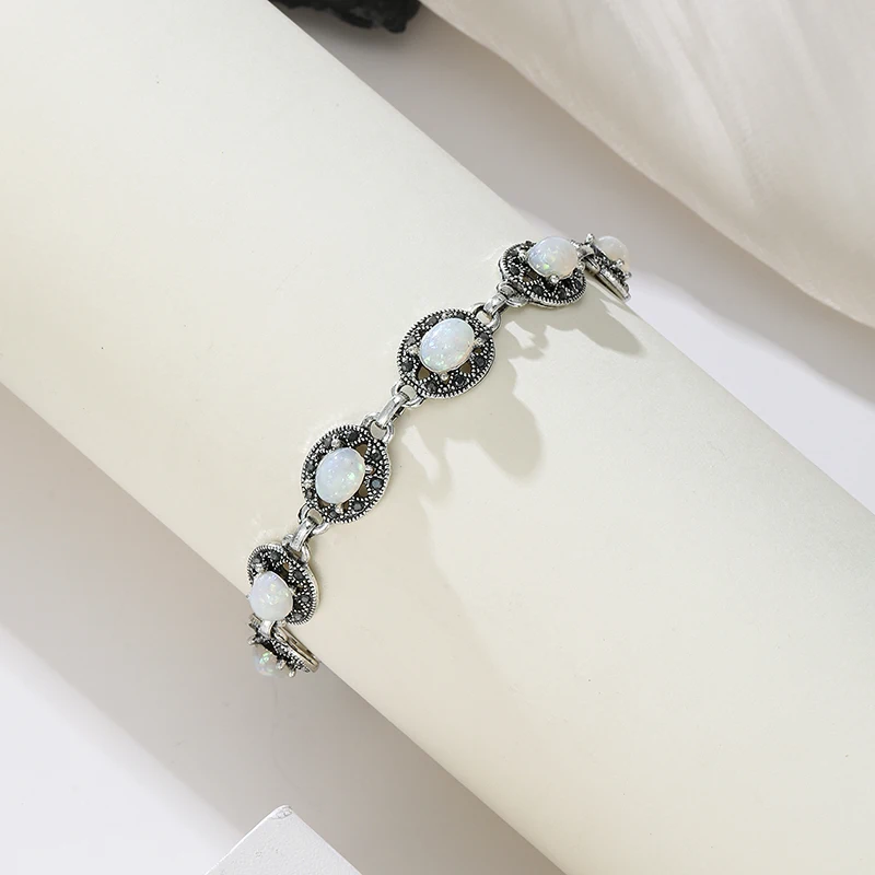 Ethnic Imitation Opal Silver Colour Bracelets Bangles for Women Vintage Jewelry Party Wedding Accessories Valentine's Day Gift