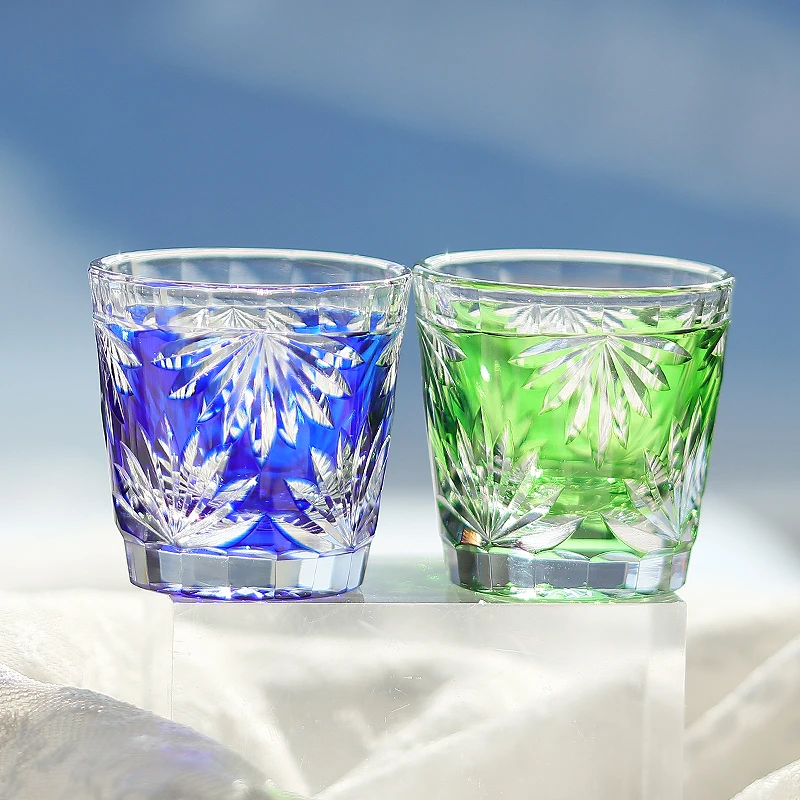 Crystal Shot Glasses Sake Glass Edo Kiriko Hand Cut Blue Green With Gift Box 3oz/90ml 1PC