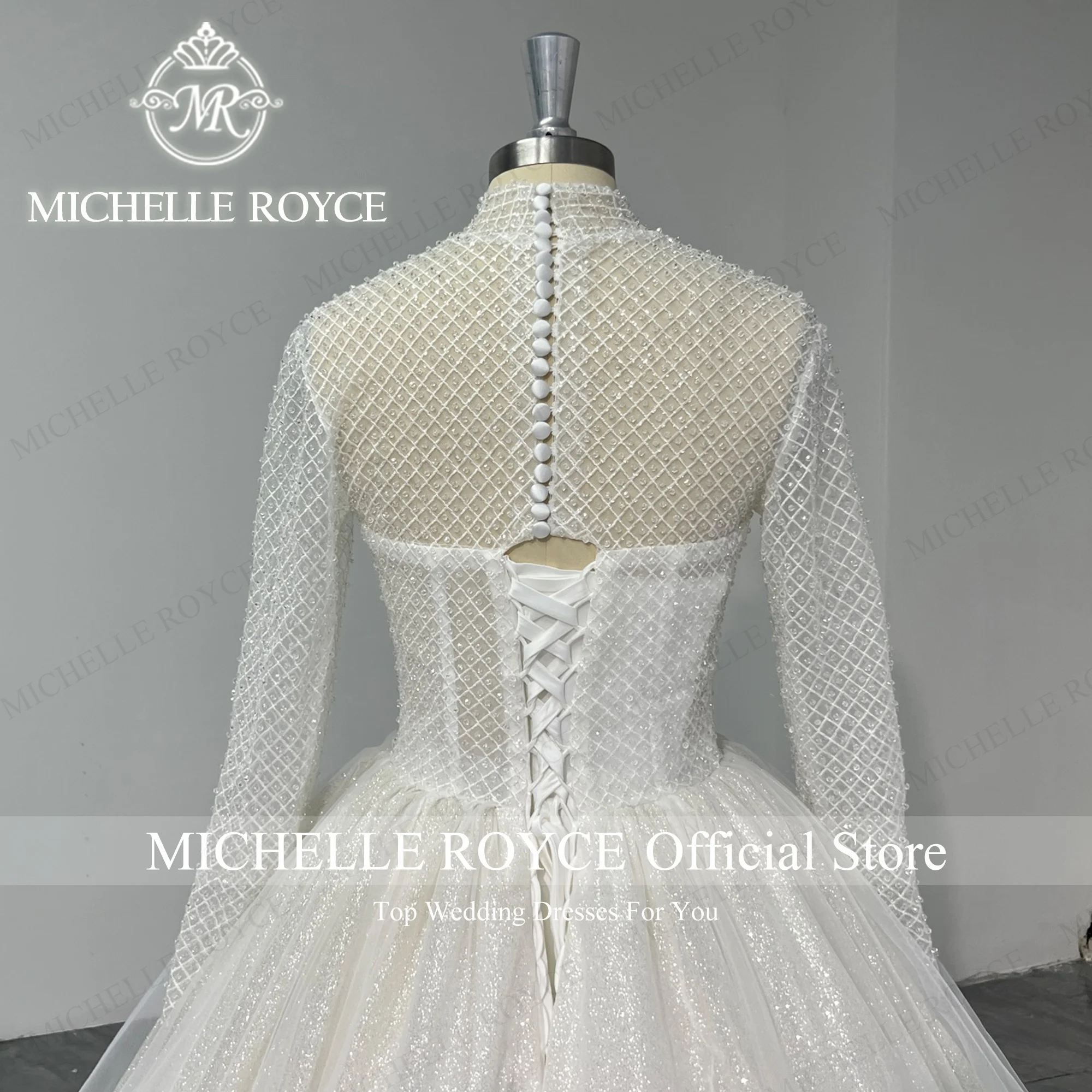 Michelle royce vestido de casamento de manga longa halter ilusão glitter miçangas trem real vestido de baile trabalho real vestidos de novia