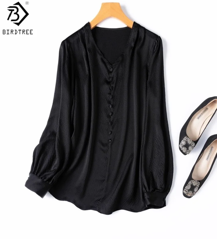 

Birdtree 19MM 93% Mulberry Silk 7% Spandex Black Shirt,Women Elastic Satin Long Sleeve V-neck Autumn Loose Blouse T59231JF