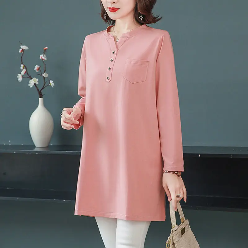 Women V Neck Long Sleeve Simple Casual Oversize T-shirt Korean Style Solid Comfortable All Match Basic Tunic Tops Female Clothes