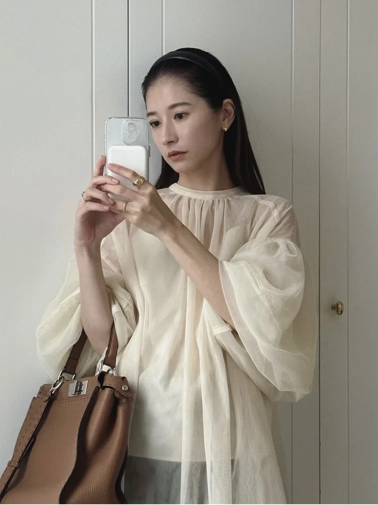 Nomikuma Japan Style Two Pieces Top Sets Women See Through Mesh Puff Sleeve Shirt + Basic Sling Vest 2023 Summer New Tops