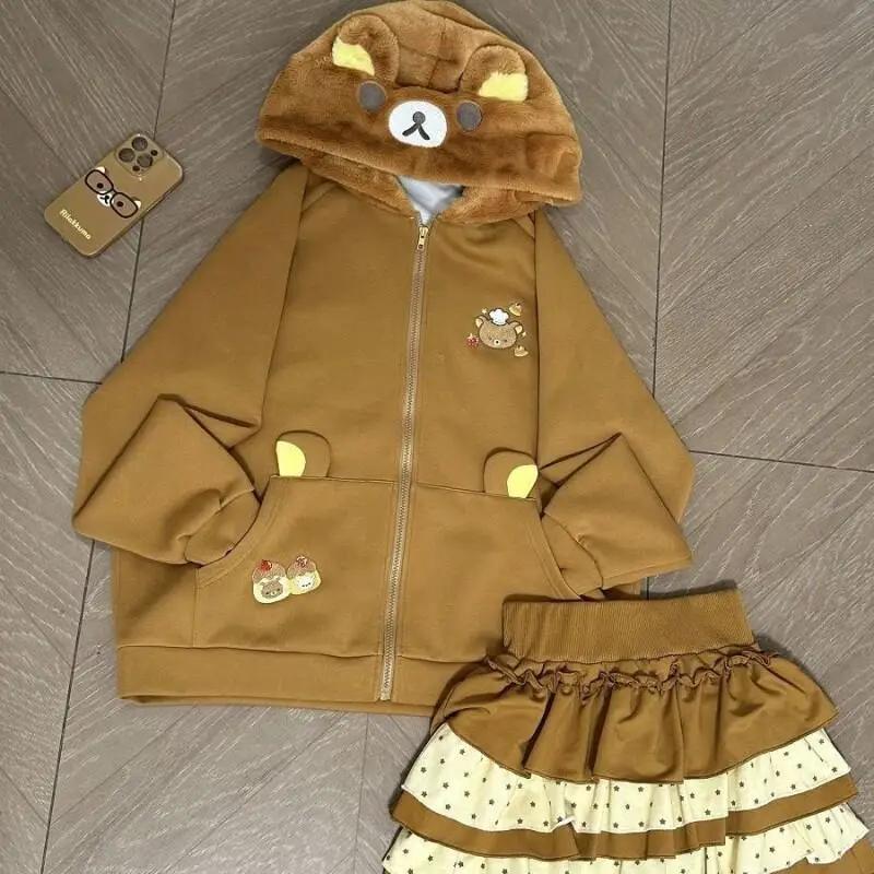 

Anime Rilakkuma Sweatshirt Jacket Set College Style Hoodie Coat Pleated Skirt Two-Piece Set Women Sweet Lolita Embroidered Tops