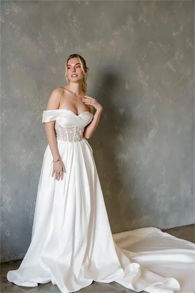 

Customized Elegant Lace Pleat Satin A Line Wedding Dresses Off The Shoulder Corset 2025Bridal Grown Sweethart Rode De Morrie