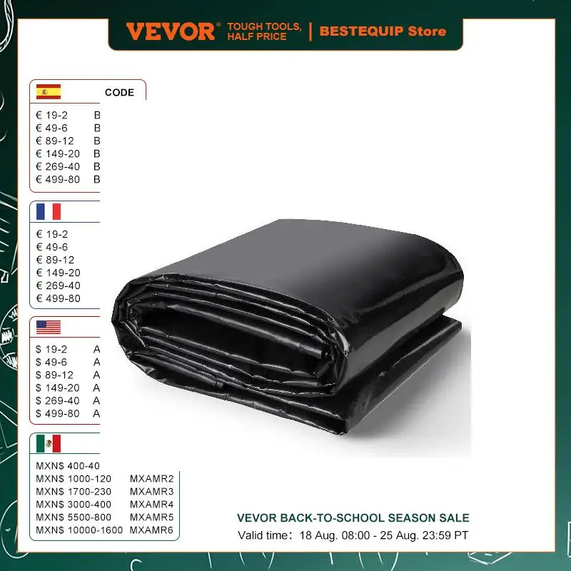 VEVOR 10 x 13Ft Pond Liner  20/45 Mil Thickness  Pliable LLDPE Material  Easy Cutting Underlayment for Fish or Koi Features