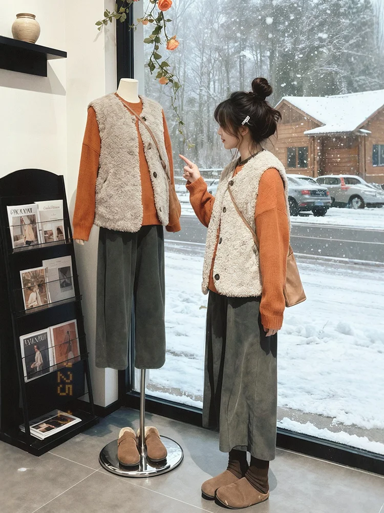 

Korean Sle Orange Sweater Tee-Piece Set plus Size Winter Faion Ensemble with Furry Vest And Nine-Piece Pants
