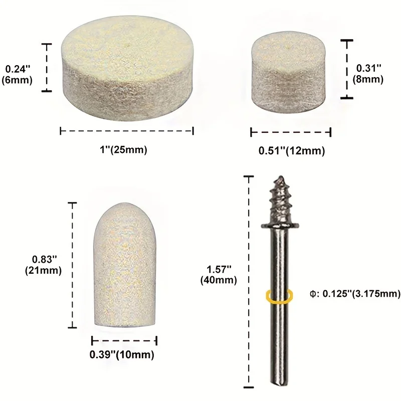 100 Pcs Wool Felt Polishing Pad Buff Clean Wheels & Point Mandrel Buff Kit for Rotary Tools Jewelry Polishing Accessories