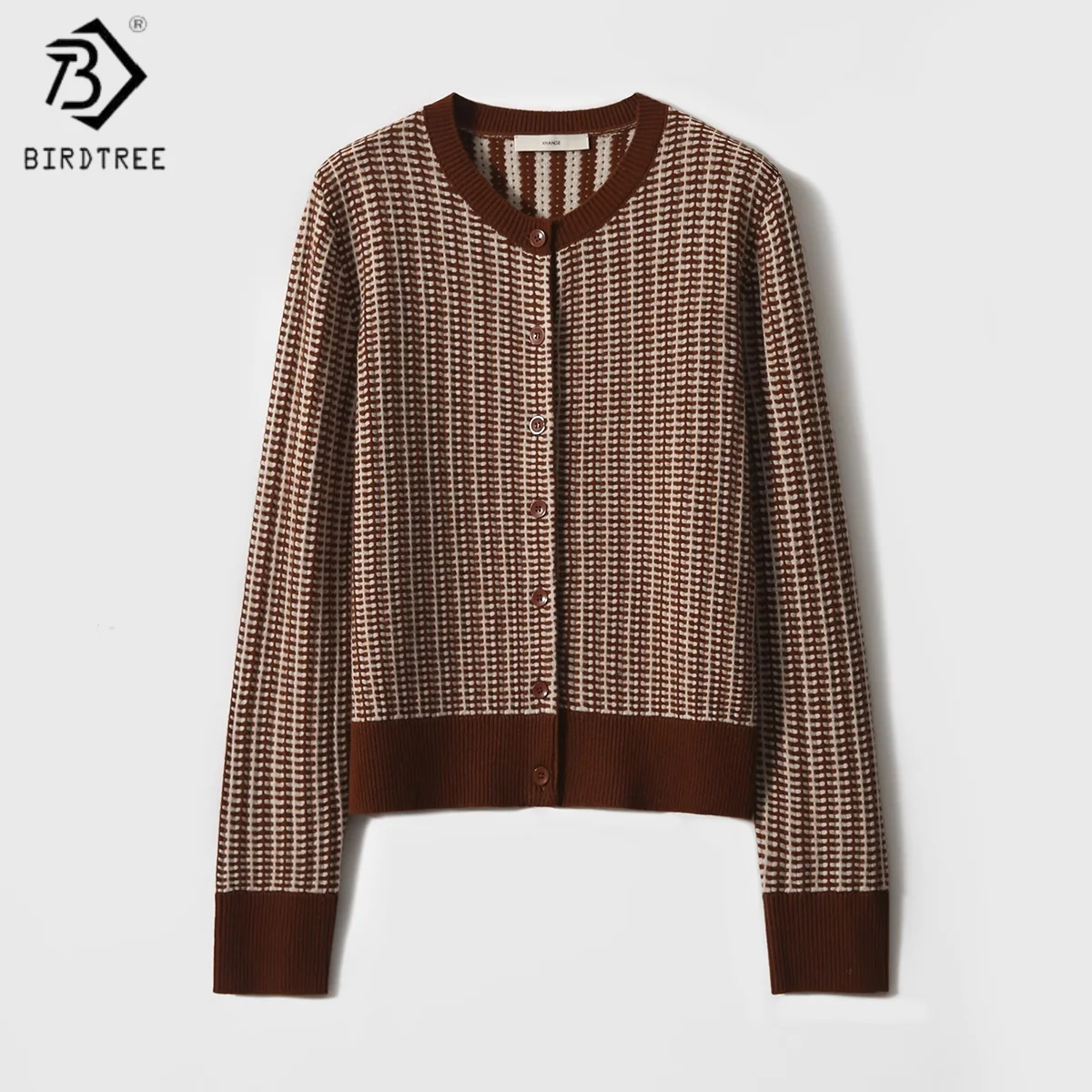 

Birdtree,90% Sheep Wool 10% Cashmere Knitted Cardigan,Woman Retro Contrasting Jacquard O-neck Sweater,2025 Autumn Coat T5O035JF
