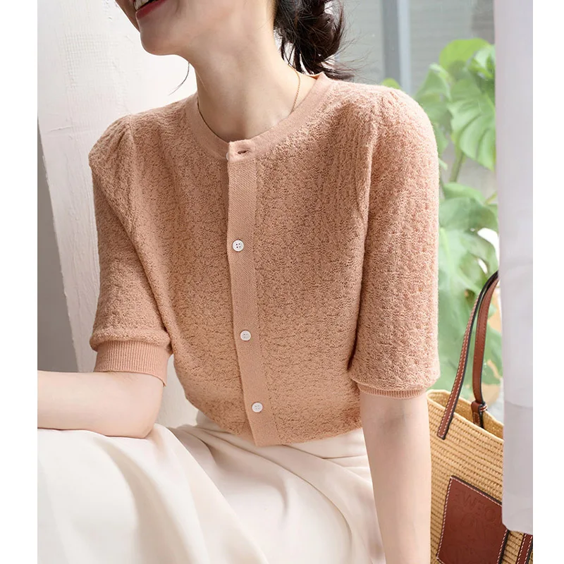 

Роскошный брендовый вязаный открытый кардиган из ледяной конопли, ажурная футболка ort Sve, круглая женская футболка на одной пуговице Faion Sun Prot...