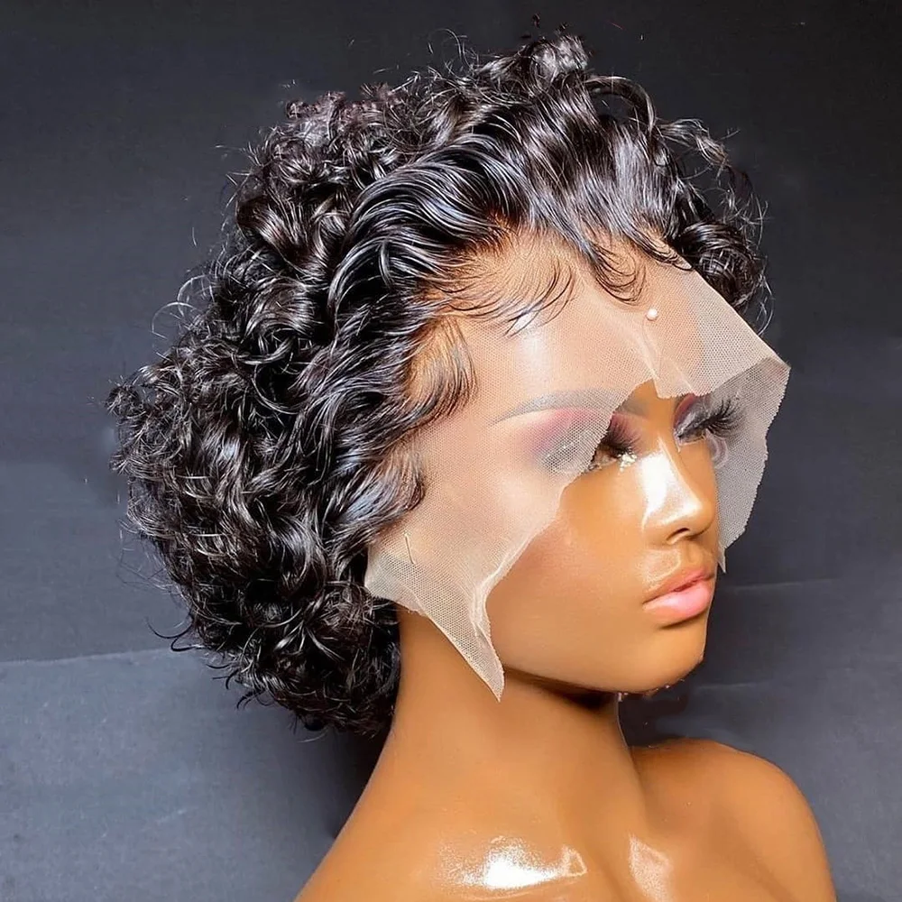 Pixie Cut Wig Short Bob Kinky Curly Human Hair Wigs Ombre Transparent Lace Frontal Wigs 150% Remy Hair Bouncy Deep Wave Bob Wig