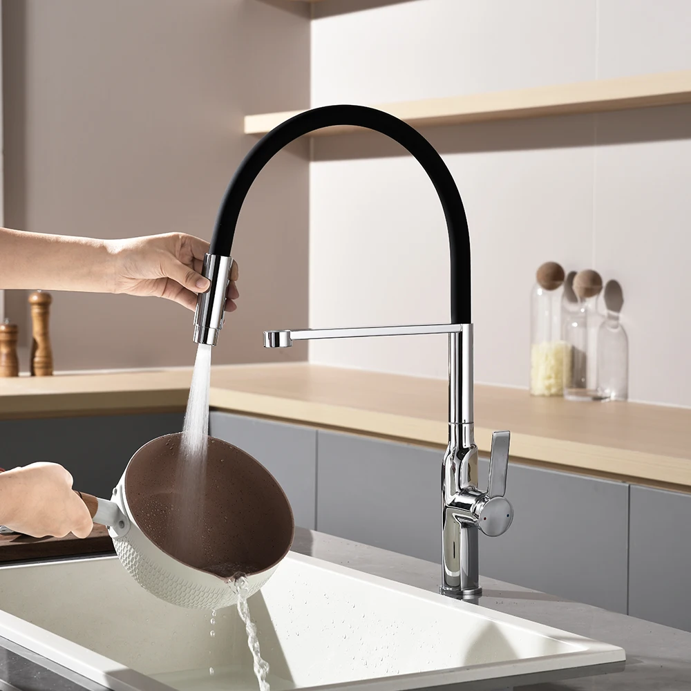 Nouveau robinet de cuisine en or brossé haut de gamme, mélangeur froid et chaud en laiton massif, robinets d'eau de source extractibles, robinets d'évier de cuisine à pulvérisation pivotante robinets cuisine