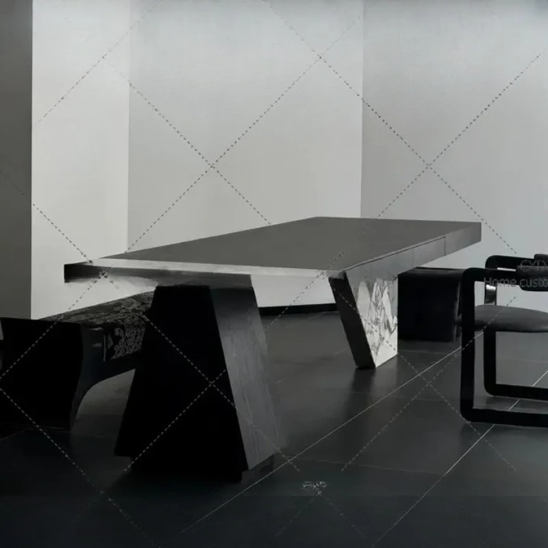 Minimalist Solid Wood Dining Table with Rock Slab Top Rectangular Light Luxury Tea Table for Living Room Villa Desk