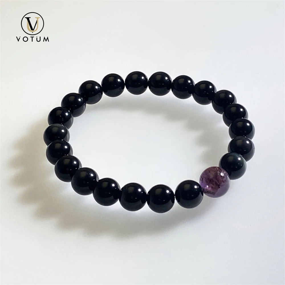 

Votum 8m Natural Black Obsidian Bracelet for Women Men Purple Phantom Quartz Lava Rock Beaded Bracelets Protection Daily Jewelry