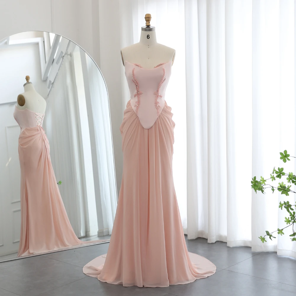 Pink Pearls Beads Evening Dresses Formal Strapless Sleeveless Floor Length Mermaid Gowns Fashion Sweep Train Party Dresses