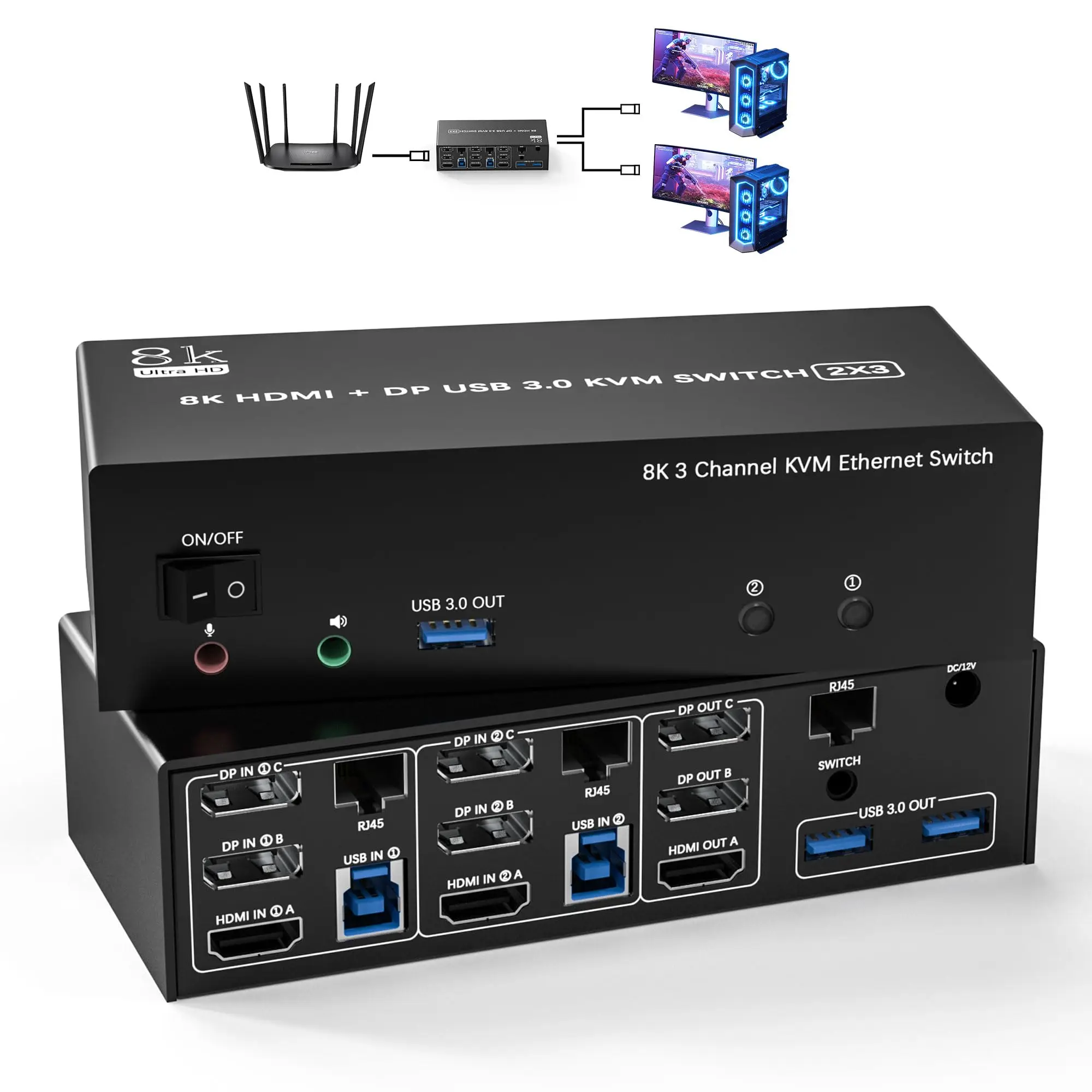 KVM Switch 3จอภาพคอมพิวเตอร์2เครื่องแชร์1000Mbps Ethernet 8K @ 60Hz 4K @ 144HZ 2 DisplayPort + HDMI USB3.0 KVM สลับจอสามตัว