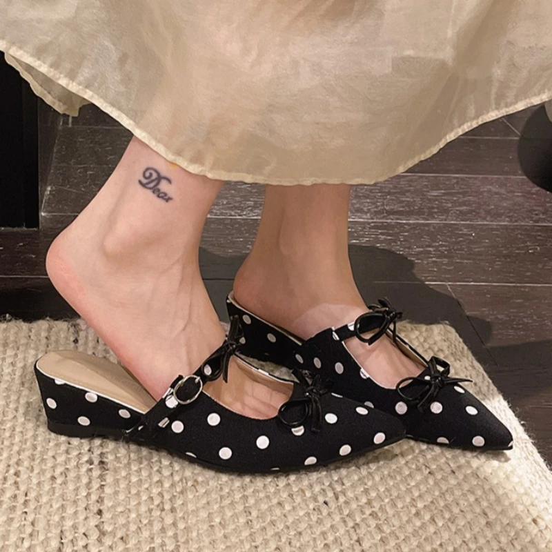Pointed Toe Women Bow Wedges Slippers Heeled Shoes Dress Party Sandals Elegant Pumps Walking Slides Trend Mujer Zapatos view 4