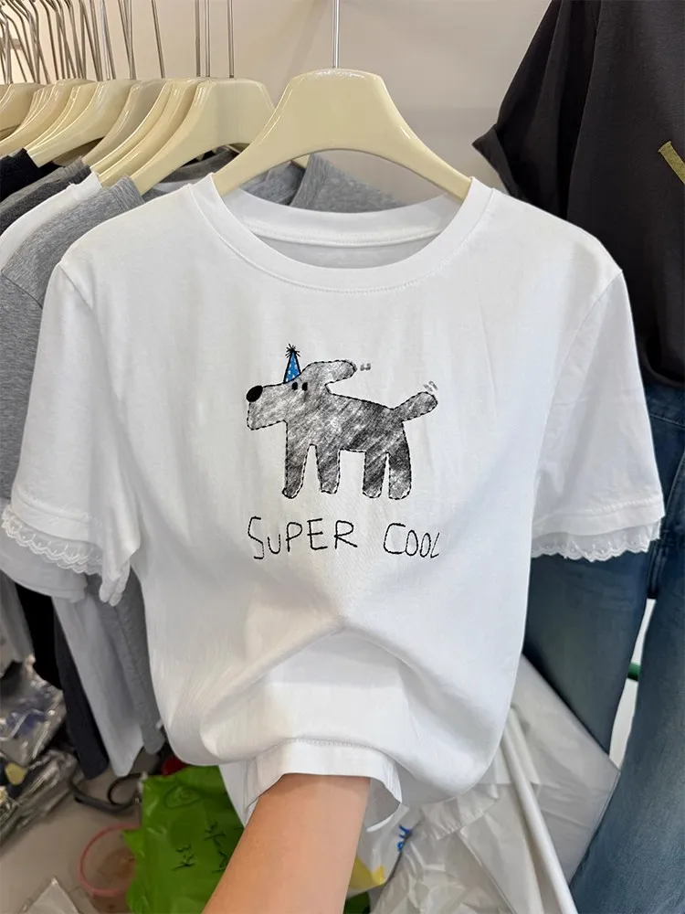 Grande taille 300 Pou dessin animé chien imprimé dentelle Sve rond Ne ort Sve T-irt femmes été nouveau Sle coréen coupe ample