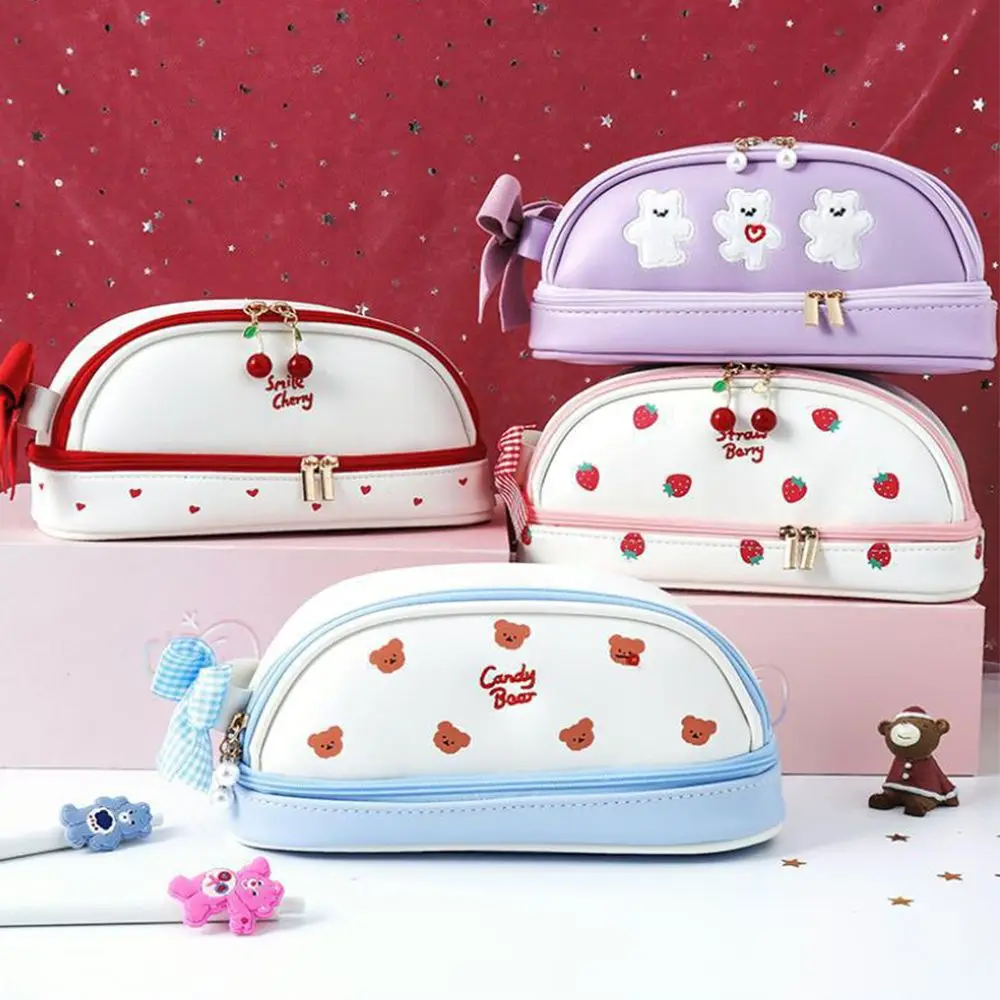 

PU Portable Strawberry School Supplies Cherry Double-Layer Student Stationery Pencil Pouch Pencil Bag Pencil Cases