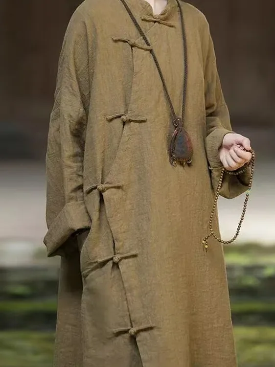 

Women's Large Size Cotton Linen Dr Spring Autumn Seasonal Button up Vintage Zen Sle Side Buttoned Robe Loose Fit Long Sl...