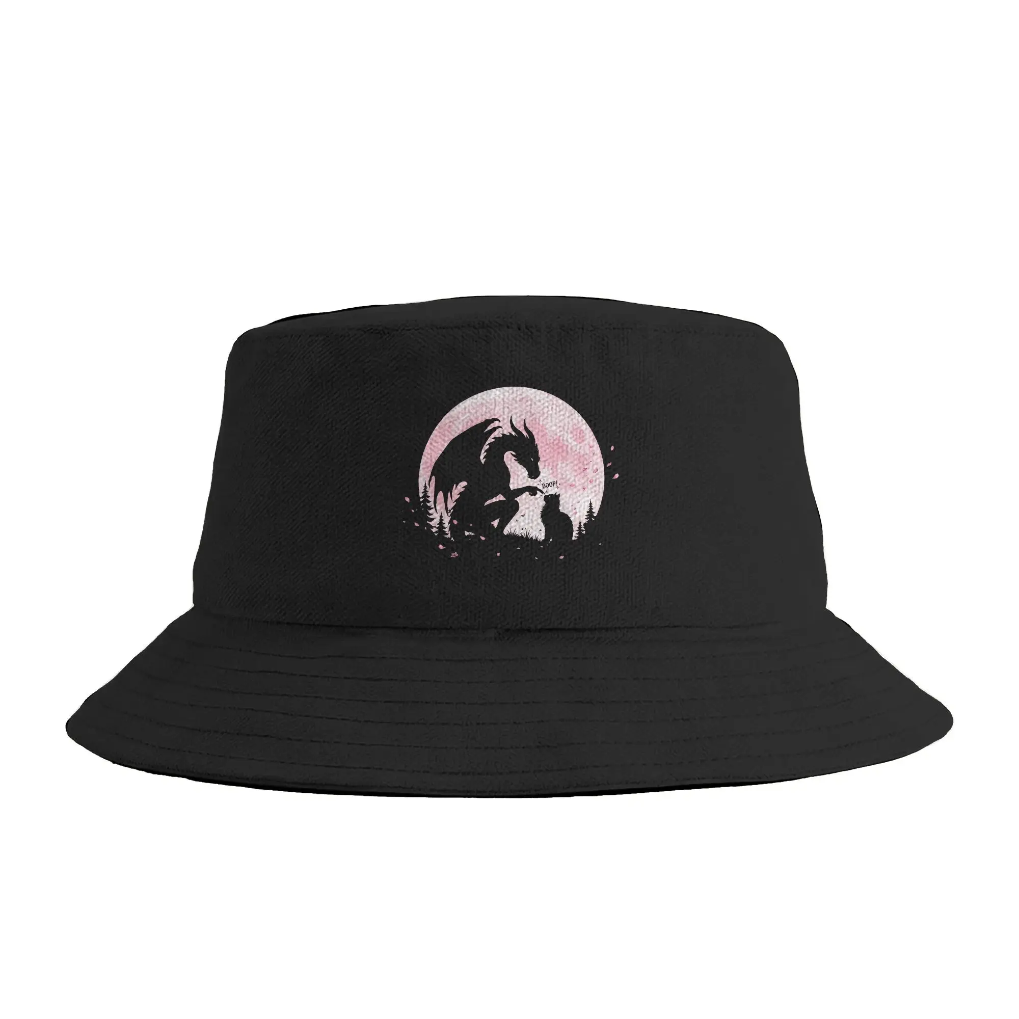 Dragon Boop Cat Under Full Moon Funny Cute Fantasy Night Bucket Hat  Hawaii Fisherman Caps For Unisex Retro Hunting Sun Hats