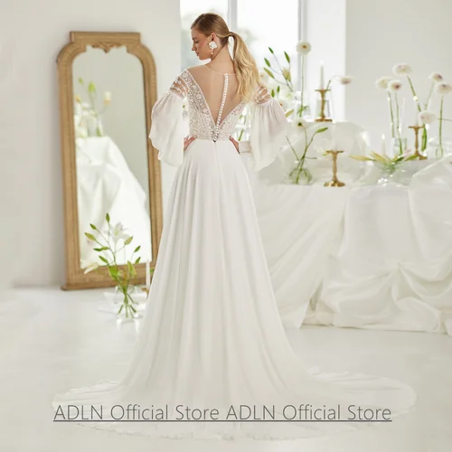 Imagen 2 del producto Vestidos de novia bohemios de color marfil, vestido de novia de gasa transparente personalizado con cuello redondo y mangas abullonadas, apliques de lentejuelas y cuentas