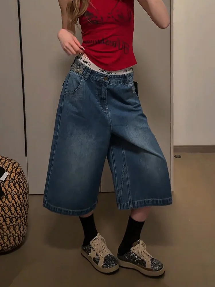 Retro American Street Paris Adjustable Buckle Denim Jeans Women Loose BF Lazy Style Seven-Quarter Middle Pants