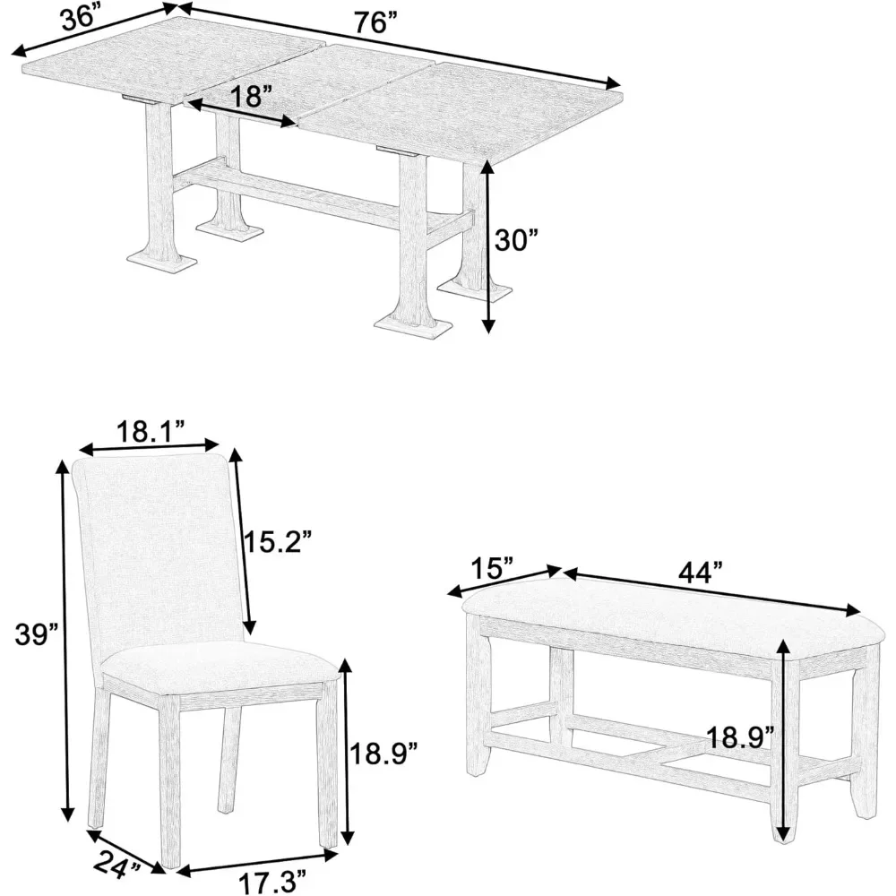 6-Piece Dining Table Set, Extendable Table with 18'' Leaf and Trestle Base, Furniture Set with 4 Upholstered Dining Chair& Bench