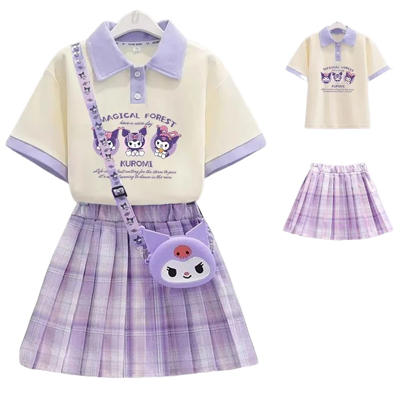 

Kuromi Skirt Girls Summer New Style Dress Girls Summer Short Sleeved Uniform Pleated Skirt Suits School Morning and Evening Wear
