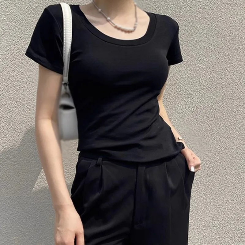 Classic Short Sleeves T-shirts for Women Solid Color Elastic Summer Cooling Casual T-shirts Tops for Girls Beach Traveling Wear