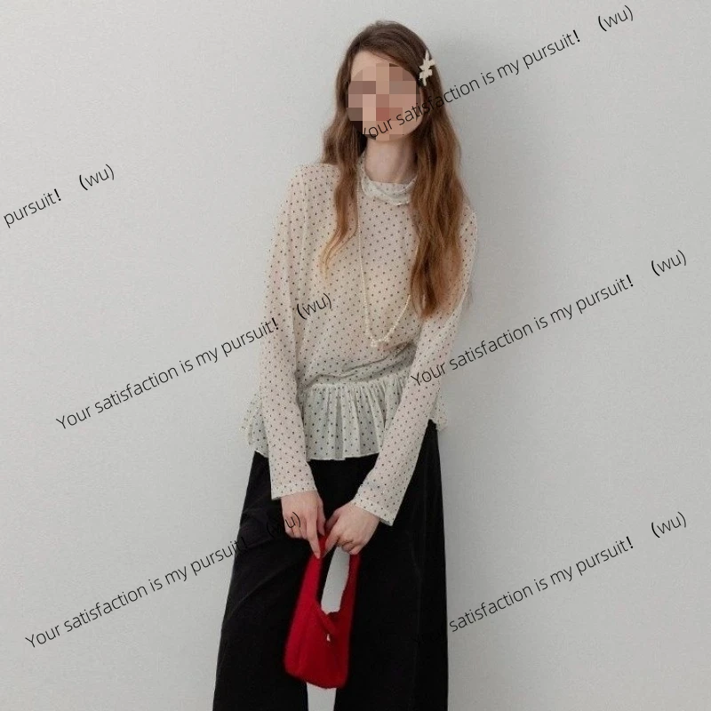 水玉模様のフリル付き長袖ニッチシックな重ね着風シャツシフォンシャツトップ