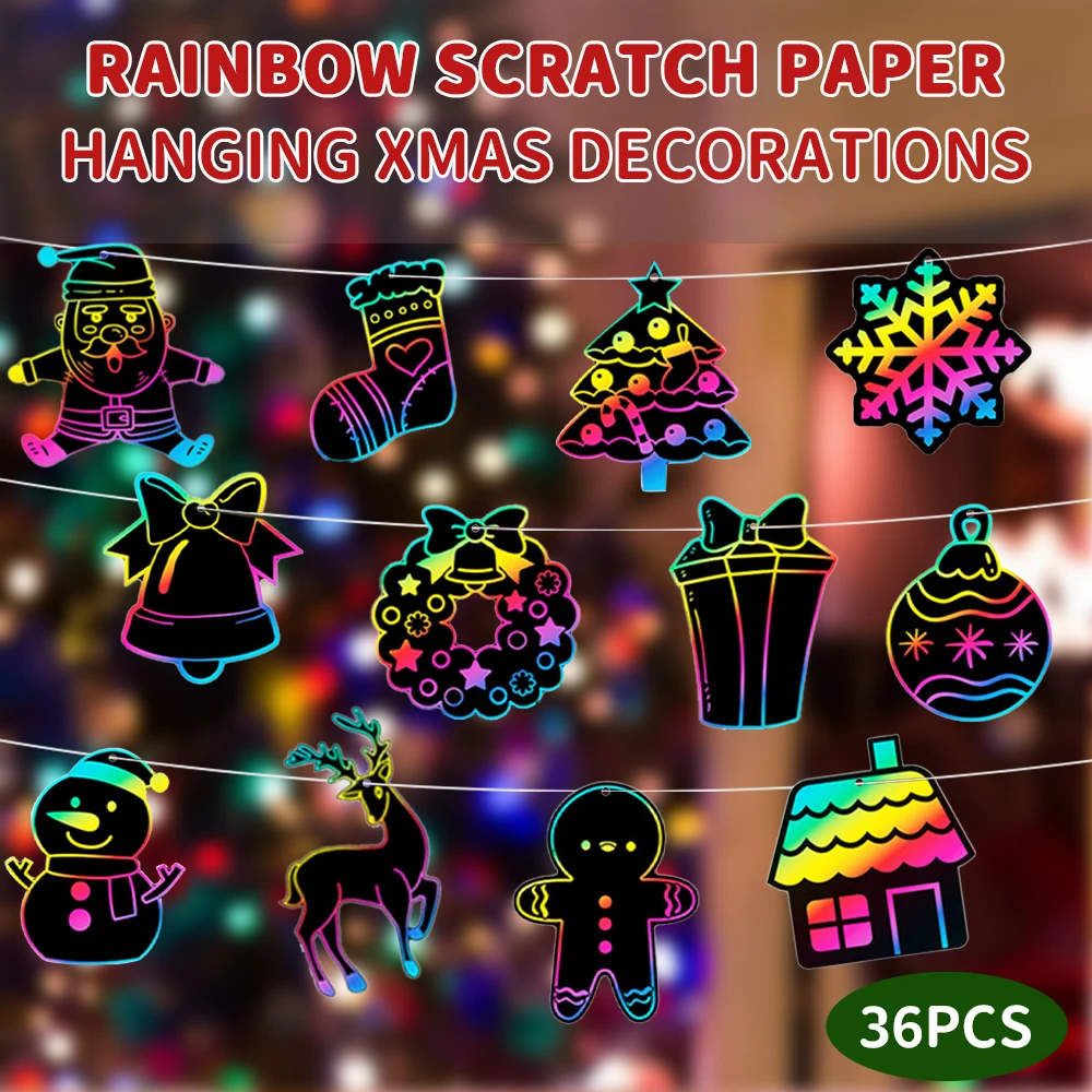 36PCS Christmas DIY Magic Color Rainbow Scratch Drawing Paper Toy for Kids Art Painting Hallowmas Color Cards Drawing Girls Toy