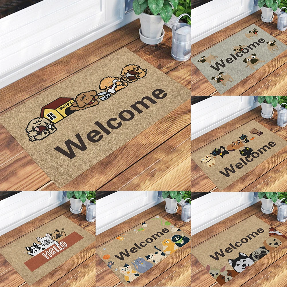 Niedliche Haustier-Thematische Fußmatte mit Cartoon-Hunden- und Katzenmustern und „Welcome Hello Words“, weicher, dekorativer Eingangsbereich für Zuhause und Innenbereich