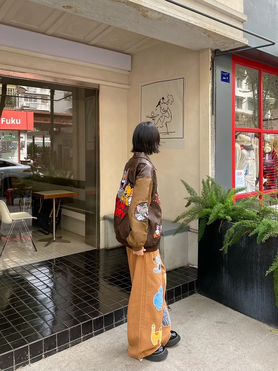 เสื้อแจ็คเก็ตหนัง PU สไตล์เรโทรอเมริกันลายการ์ตูนปัก แบรนด์ BIBULU ทรงหลวม สไตล์ลำลอง สำหรับผู้หญิง