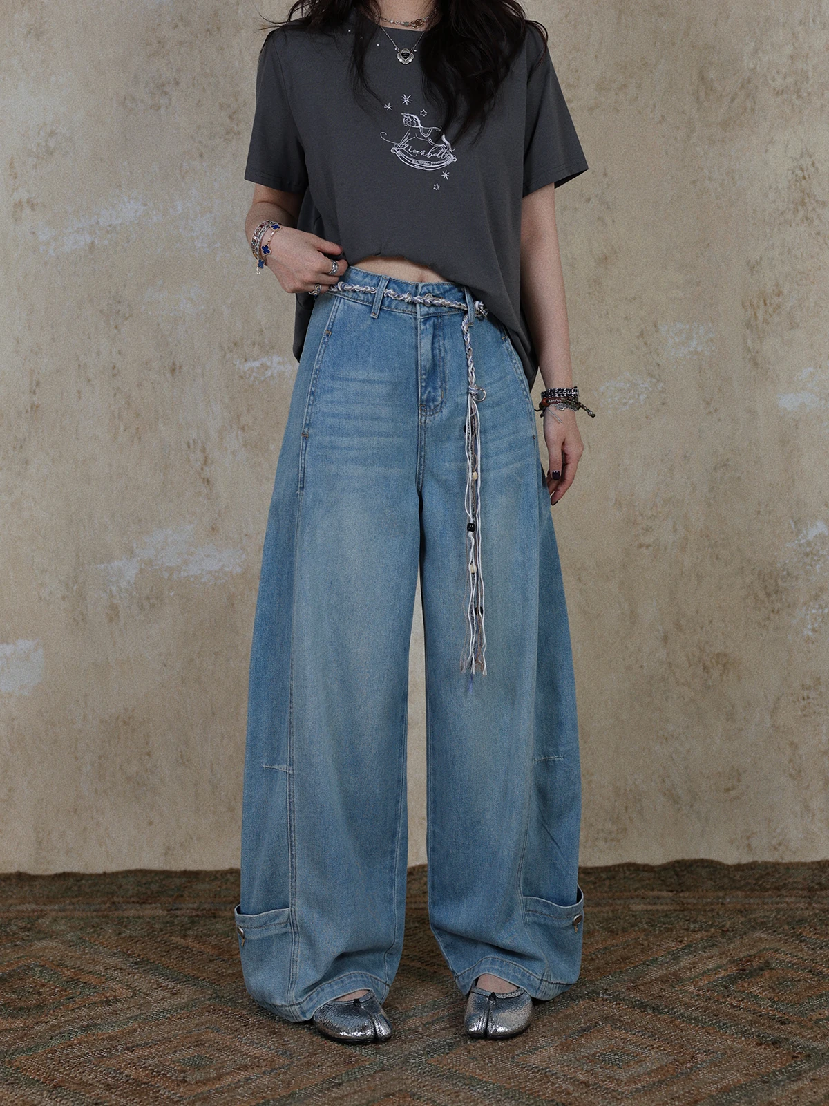

Slimming High Waist Wide Leg Jeans Women's Summer Washed Denim Pants Dr Belted Thin Hanging Design Korean Style Versatile