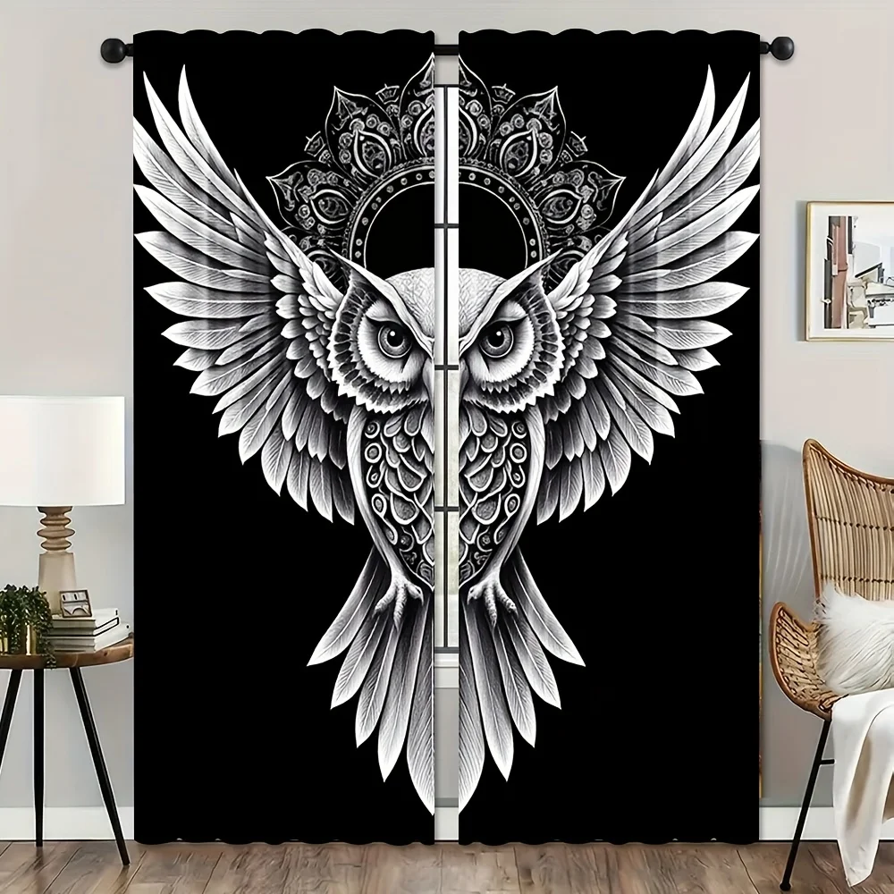 Vivid Line Art Mandala Owl Curtain 2 Panels Intricate Feather Totem Black Inn Room Curtain Mysterious Boho Bedroom Home Decor