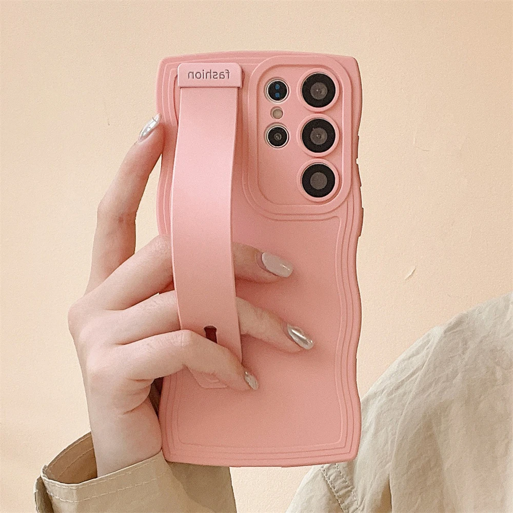 Etui na telefon z uchwytem na nadgarstek Curly Wave do Samsung S24 S23 S22 S21 Ultra Plus Candy Color Soft Silicone Cover — zdjęcie 4
