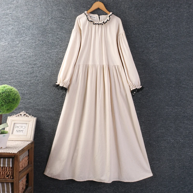 

Japan Style Sweet Mori Girl Solid Color Cotton Linen Dress Women Autumn O-Neck Long Sleeve Casual Loose A-Line Midi Dresses