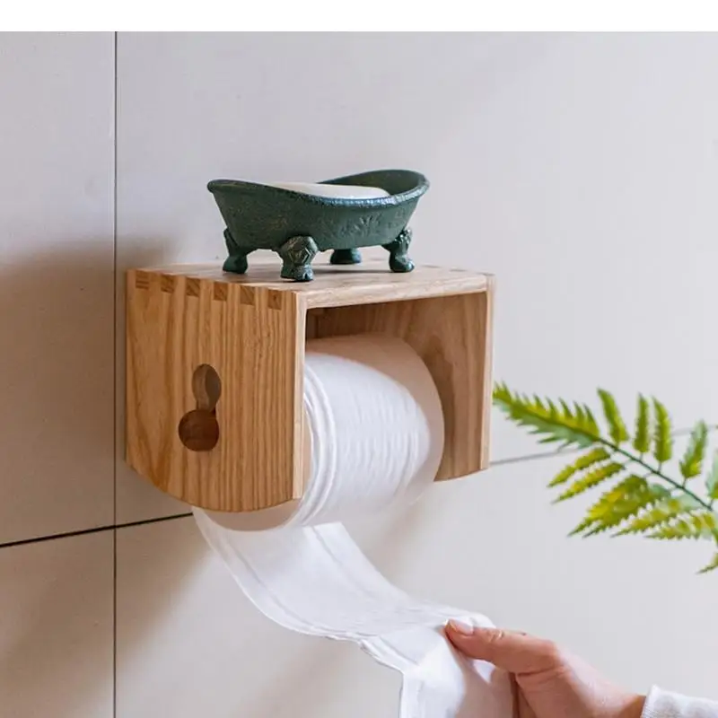 Solid Wood Tissue Holder Paper Roll Wall-mounted Toilet Holders Shelf Napkin Wall Box